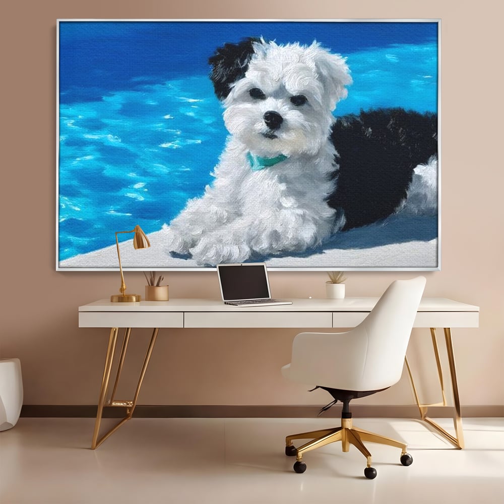 Tablou canvas cu pictura cu catel pufos langa piscina, in rama de aluminiu argintiu, pe perete intr-un birou